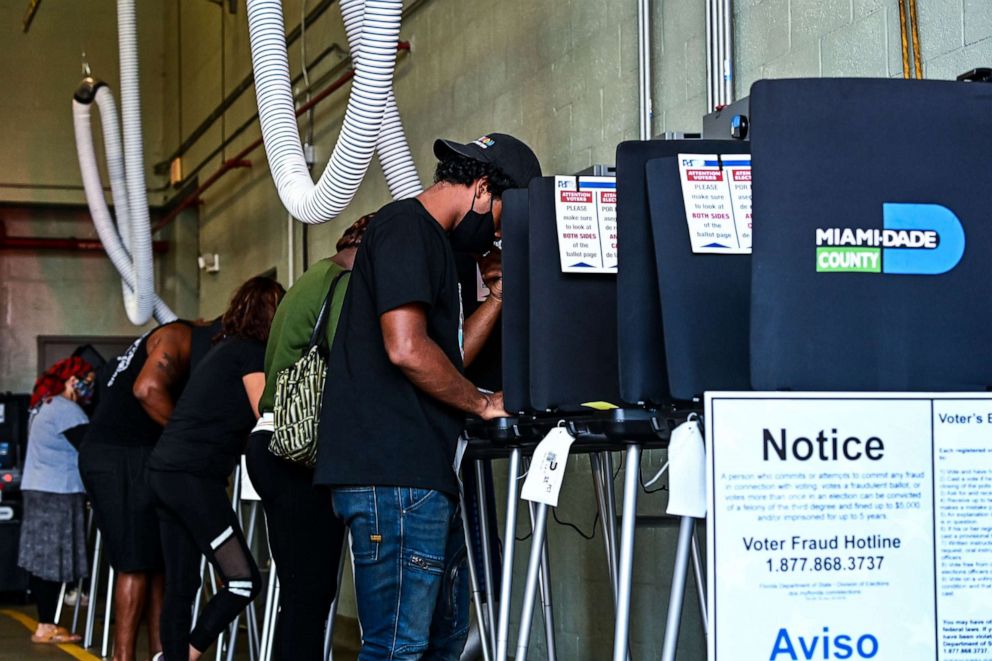 PHOTO: Voters cast their ballots at the Indian Creek Fire Station 4 in Miami on Nov. 3, 2020.