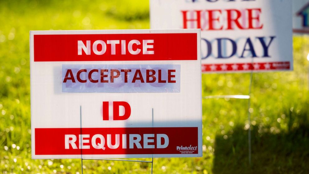 PHOTO: Signs greet voters at the Ruckersville Volunteer Fire Company vote location in Ruckersville, Va., on Election Day, Nov. 3, 2020.