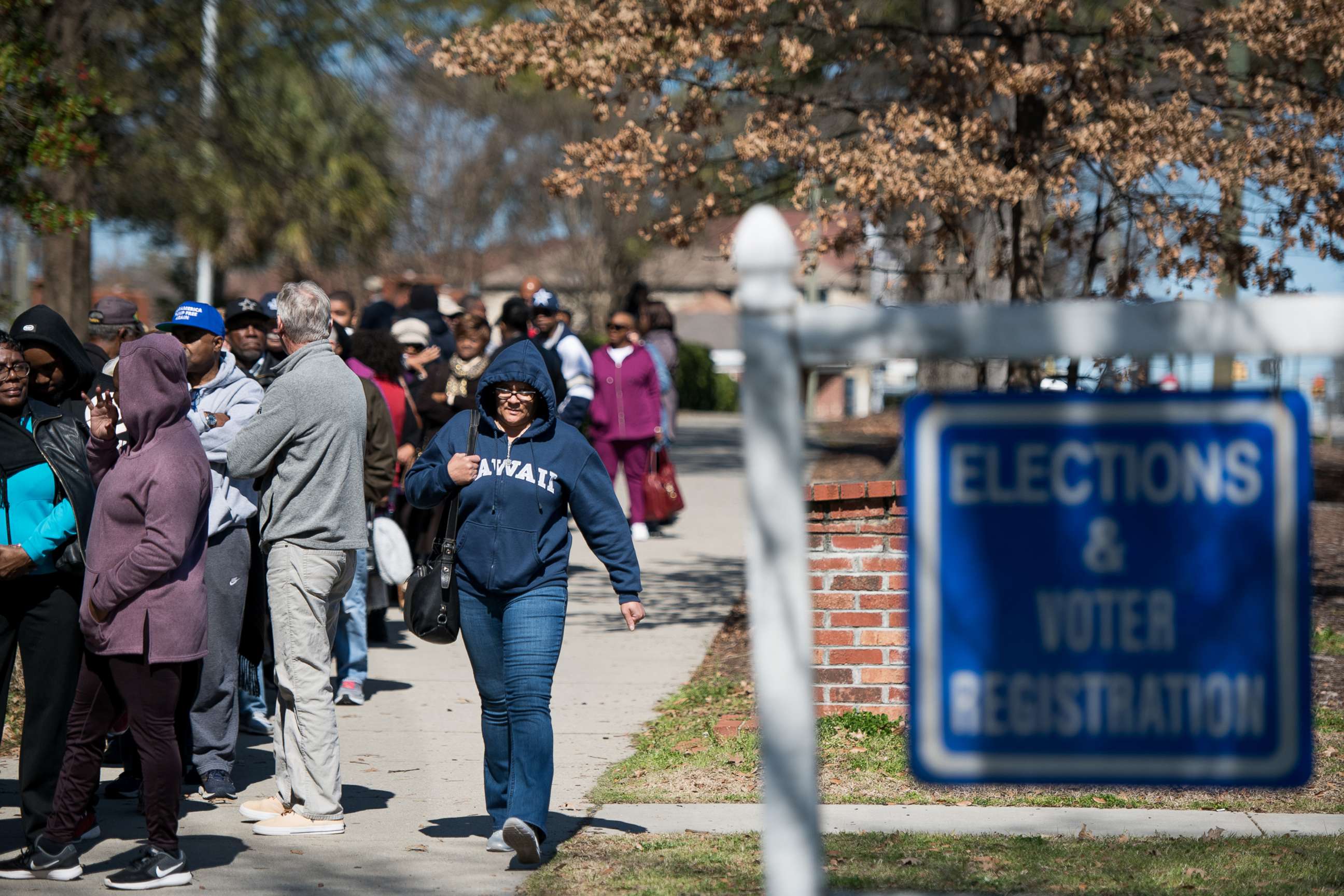 PHOTO: South Carolina voters stand in line for early voting at the Richland County Election Commission, Feb. 27, 2020, in Columbia, S.C. 