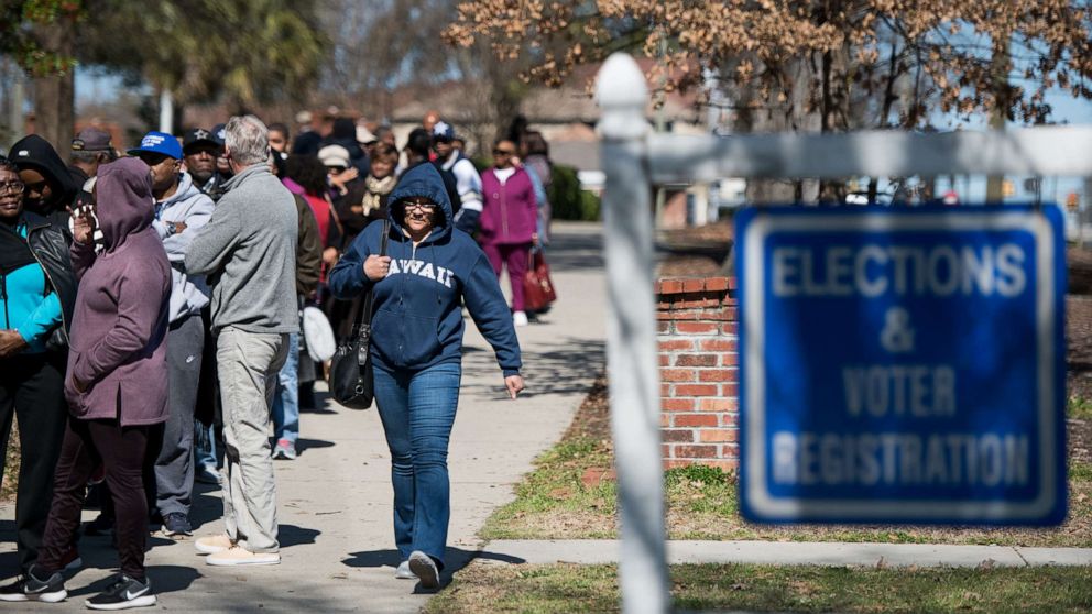 PHOTO: South Carolina voters stand in line for early voting at the Richland County Election Commission, Feb. 27, 2020, in Columbia, S.C. 