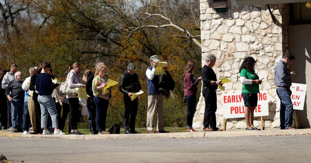 PHOTO: Voters wait in line at an early polling site in San Antonio, Texas, Feb. 28, 2020.