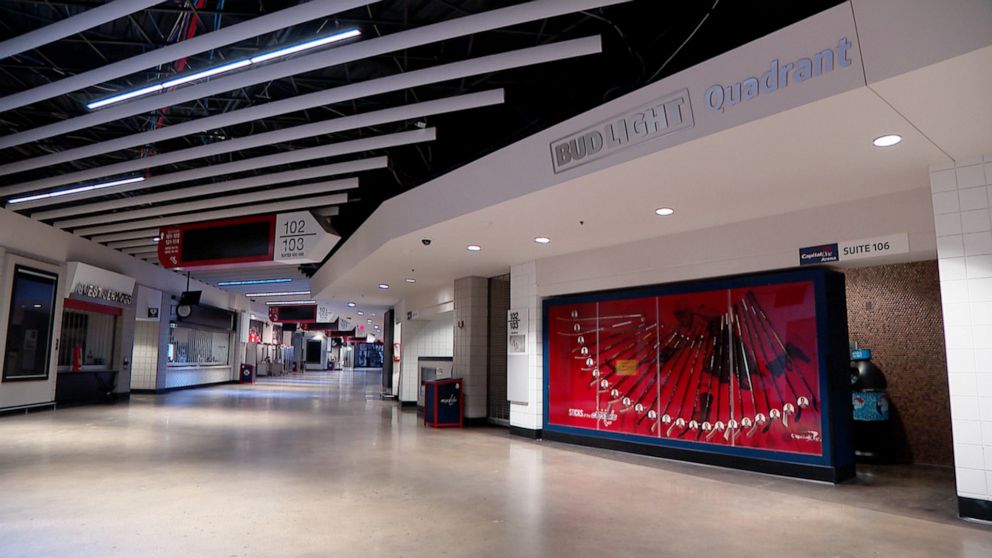 PHOTO: The concourse inside Capital One Arena in Washington, D.C., will be lined with voting machines for the November election. The arena, which is home to the Washington Wizards, Mystics and Capitals, has been largely unused during the pandemic.