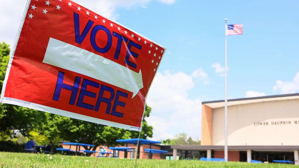 PHOTO: A vote sign is seen at Lower Dauphin High School on May 17, 2022 in Hummelstown, Pennsylvania.