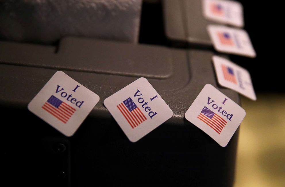 PHOTO: I voted stickers are displayed on a voting machine at Brookwood Baptist Church on Dec. 12, 2017 in Mountain Brook, Ala.