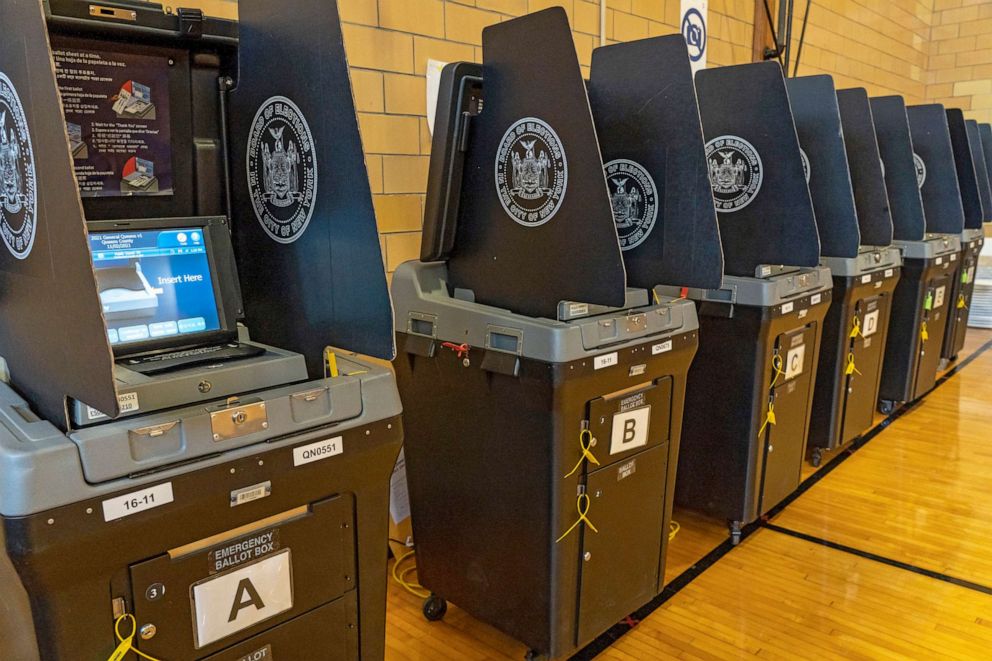 PHOTO: Electronic voting machines seen on Election Day at a voting site at PS 171 in Queens, New York City.
