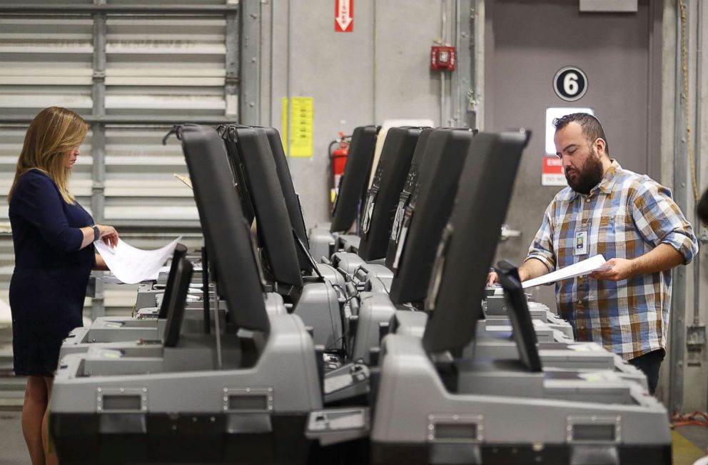 PHOTO: Miami-Dade election support specialists check voting machines for accuracy at the Miami-Dade Election Department headquarters on Aug. 8, 2018 in Doral, Fla.