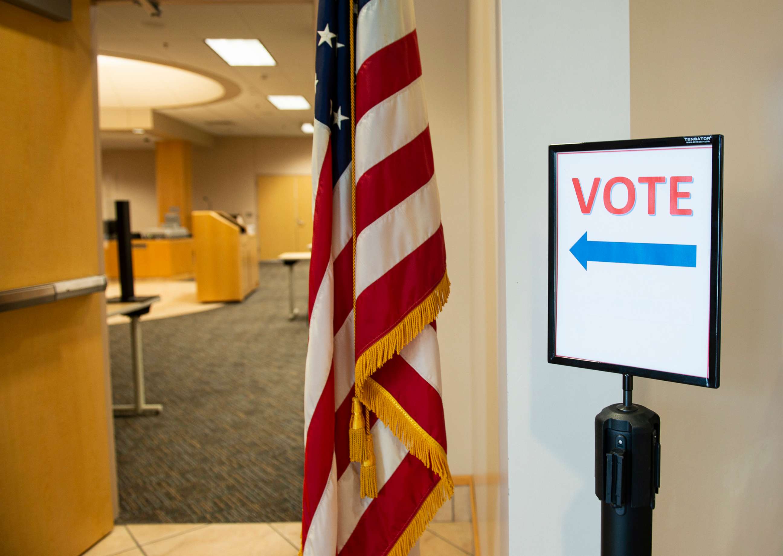 PHOTO: Signage directs voters at the Beltrami County Administration building on Sept. 18, 2020, in Bemidji, Minn.