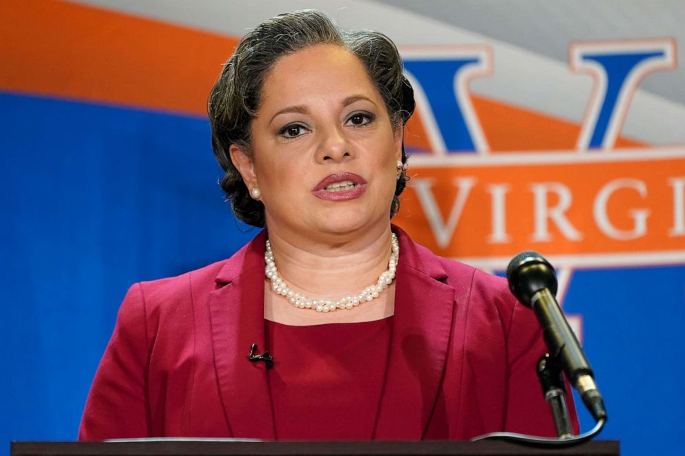 PHOTO: Sen. Jennifer McClellan speaks during a debate at Virginia State University in Petersburg, Va., April 6, 2021. 