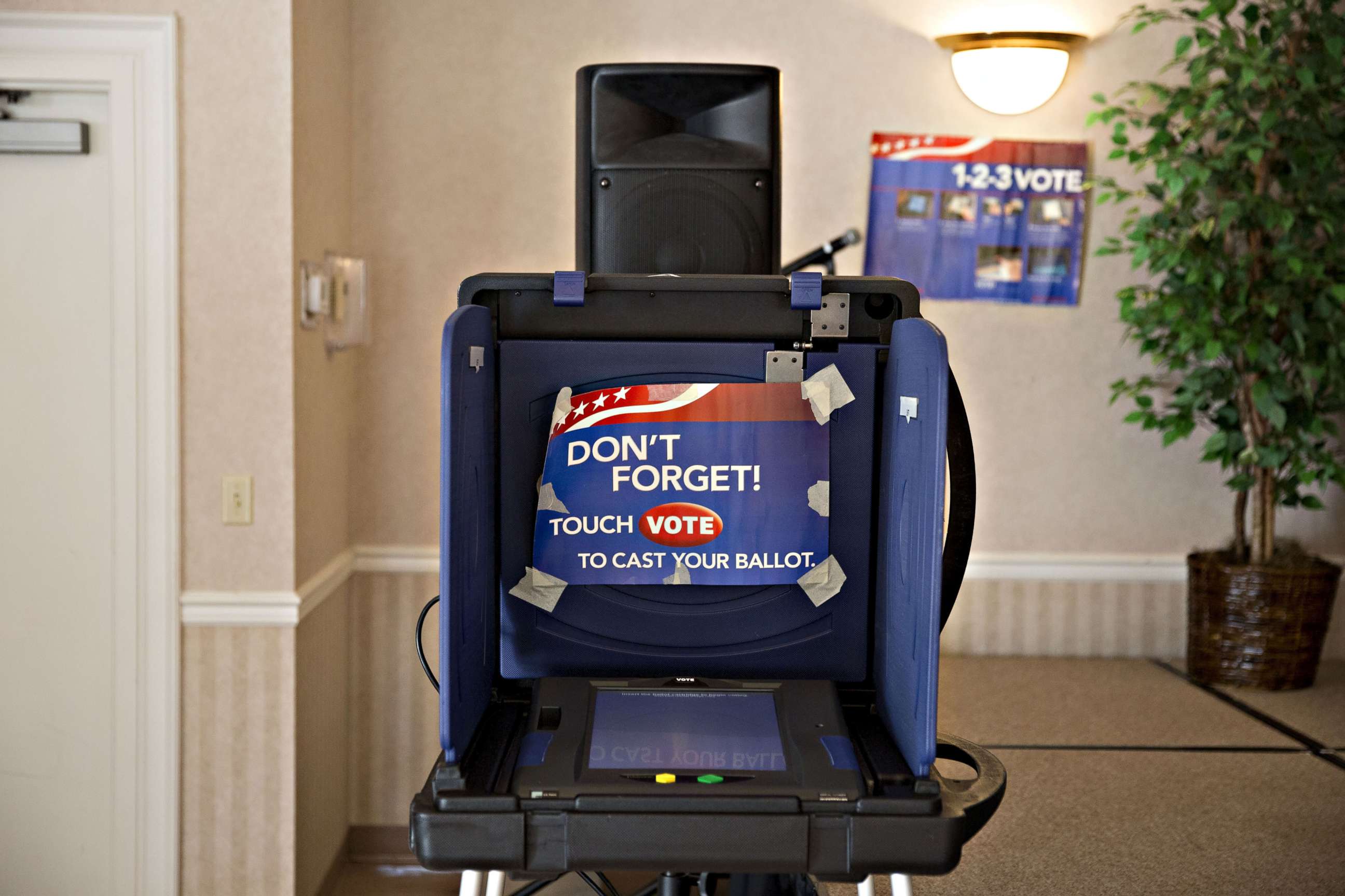 PHOTO: An electronic voting booth stands at a polling station inside Our Savior Lutheran Church during the South Carolina Republican presidential primary election in Columbia, South Carolina on Feb. 20, 2016. 