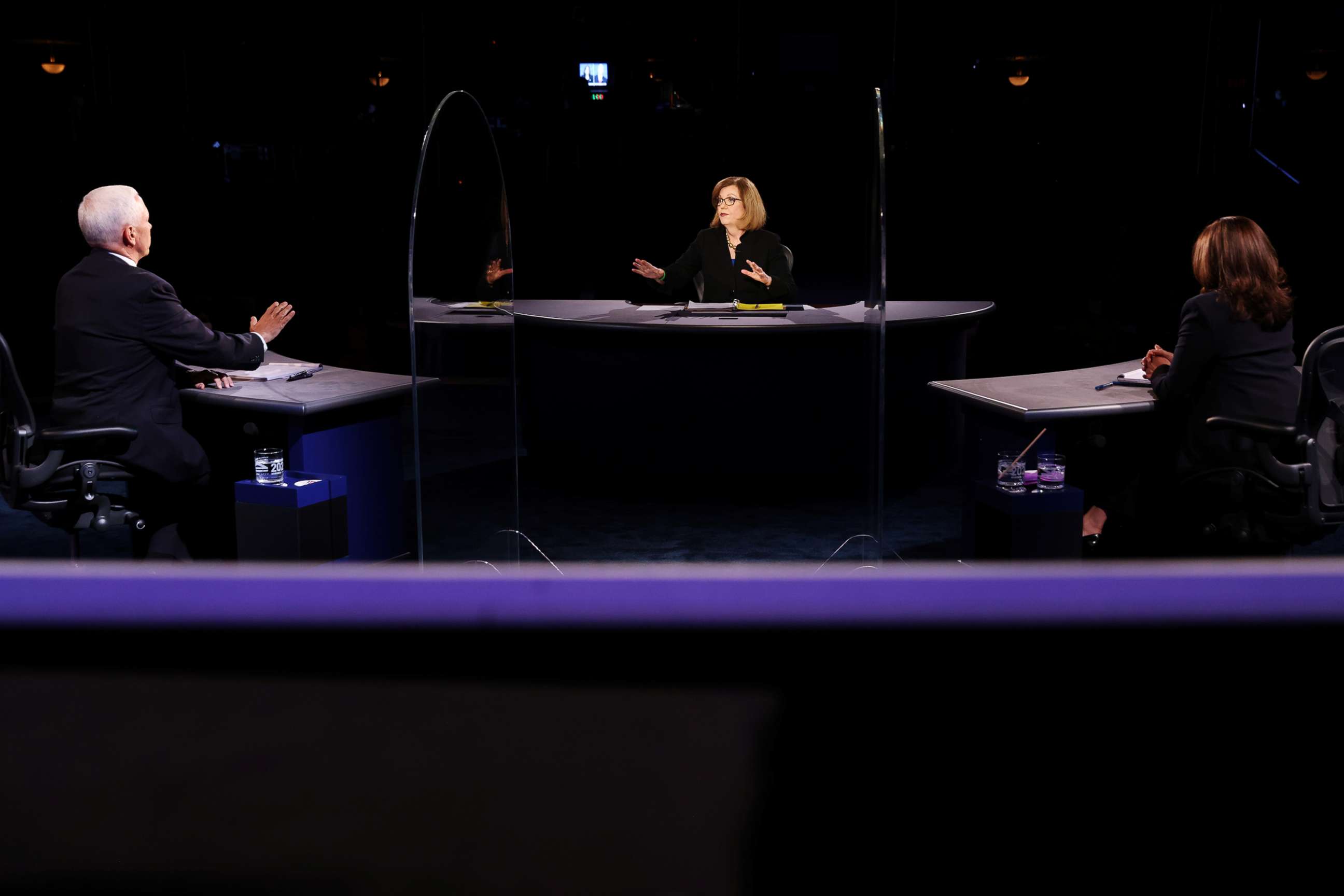 PHOTO: Vice President Mike Pence and Democratic vice presidential nominee Senator Kamala Harris take part in the 2020 vice presidential debate moderated by Susan Page of USA Today, in Salt Lake City, Oct. 7, 2020.
