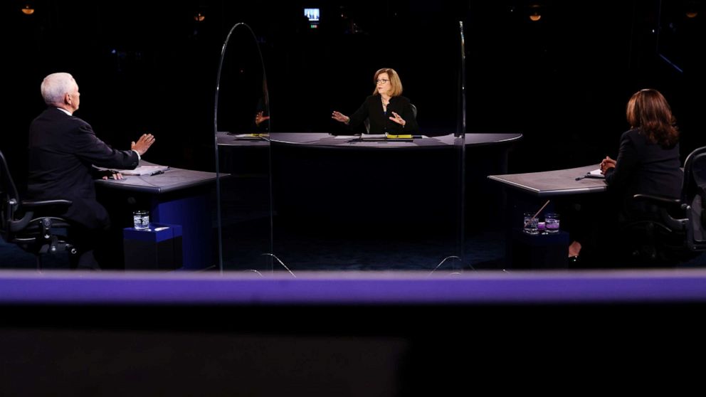 PHOTO: Vice President Mike Pence and Democratic vice presidential nominee Senator Kamala Harris take part in the 2020 vice presidential debate moderated by Susan Page of USA Today, in Salt Lake City, Oct. 7, 2020.