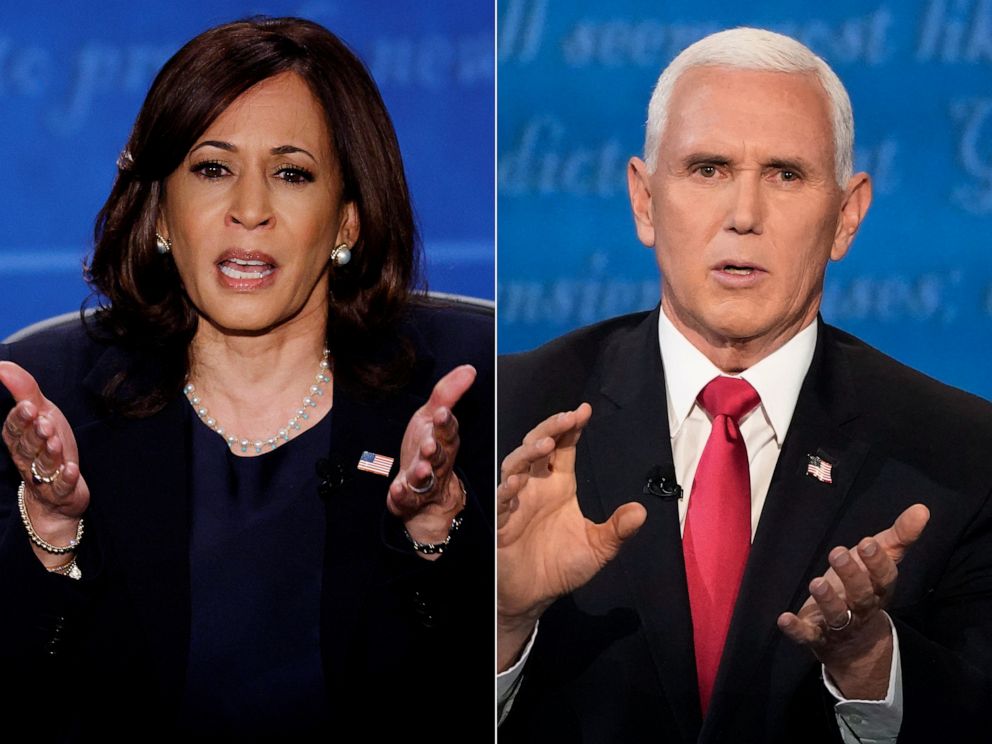 PHOTO: Sen. Kamala Harris and Vice President Mike Pence participate in the 2020 vice presidential debate, Oct. 7. 2020, in Salt Lake City.