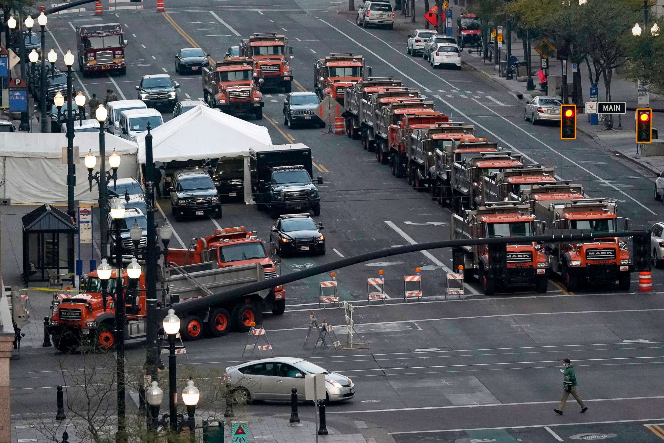 PHOTO: A perimeter is set by heavy dump trucks around a hotel in downtown Salt Lake City, the site of the vice presidential debate, Oct. 7, 2020, between Vice President Mike Pence and Democratic vice presidential candidate, Sen. Kamala Harris.