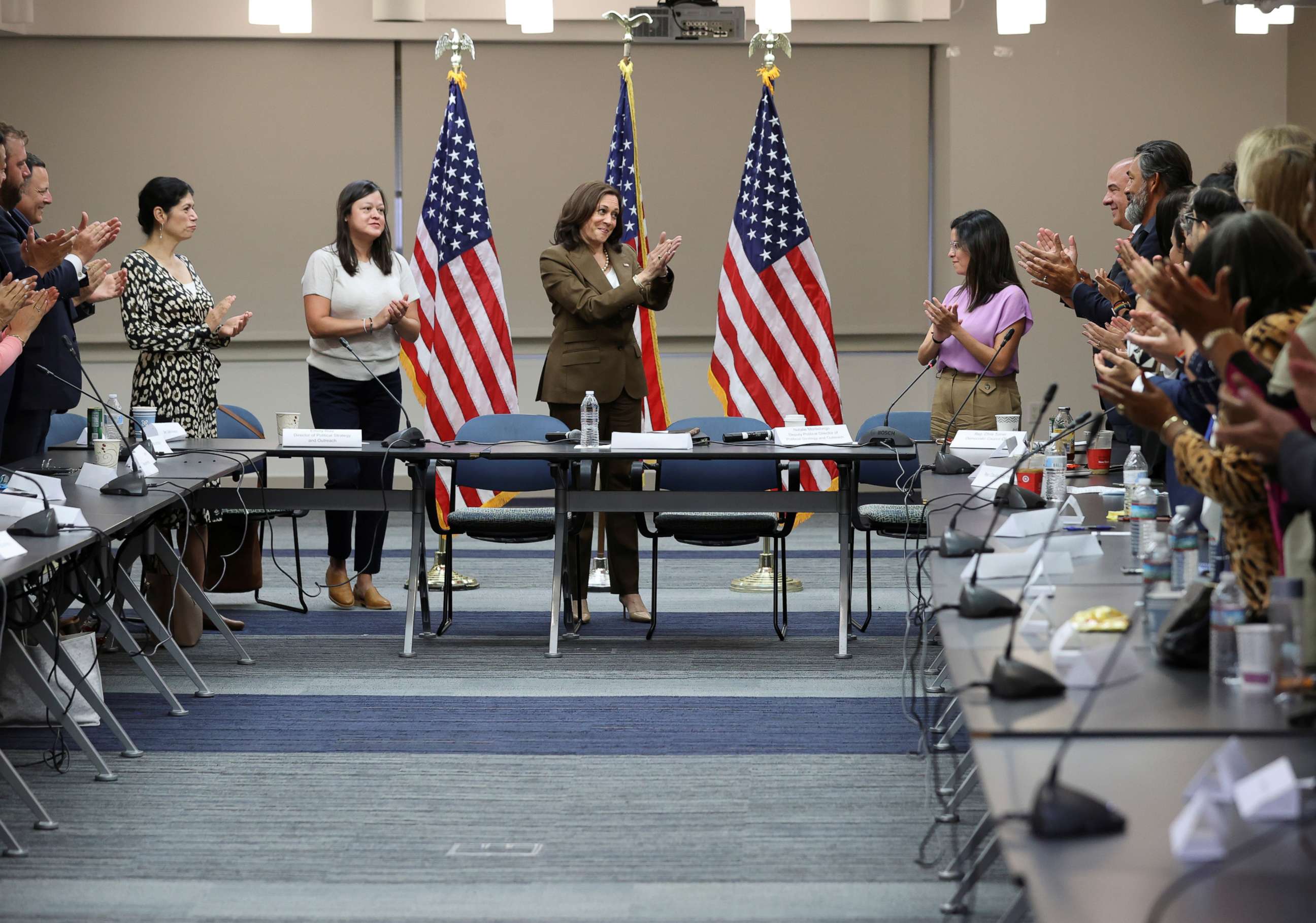 PHOTO: Vice President Kamala Harris meets with Democratic members of the Texas state legislature, who fled the state in an effort to slow changes to election laws and voter access, in Washington, July 13, 2021.