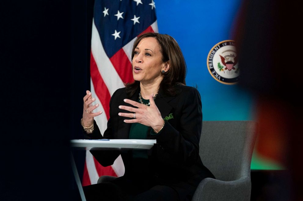 PHOTO: Vice President Kamala Harris attends a virtual event celebrating the Frederick Douglass Global Fellows at the Eisenhower Executive Office Building on the White House complex in Washington, March 17, 2021.