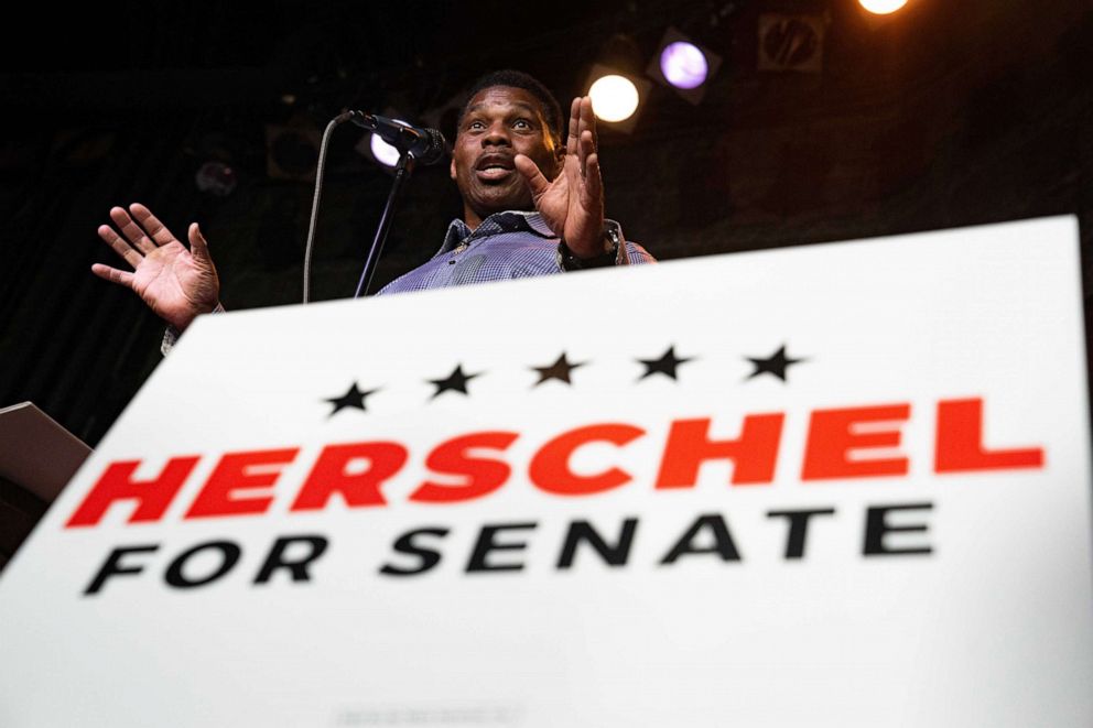 PHOTO: Heisman Trophy winner and Republican candidate for US Senate Herschel Walker speaks at a rally, May 23, 2022, in Athens, Ga. 