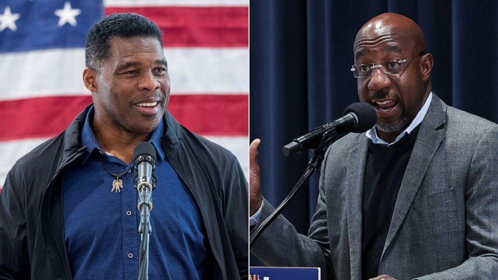 PHOTO: Left: Republican Senate candidate Walker speaks during a campaign stop in Ellijay, Ga., on Dec, 5, 2022. Right: Democratic Senate candidate Sen. Warnock speaks at a Students for Warnock rally at Georgia Tech in Atlanta, Ga. on Dec. 5, 2022.