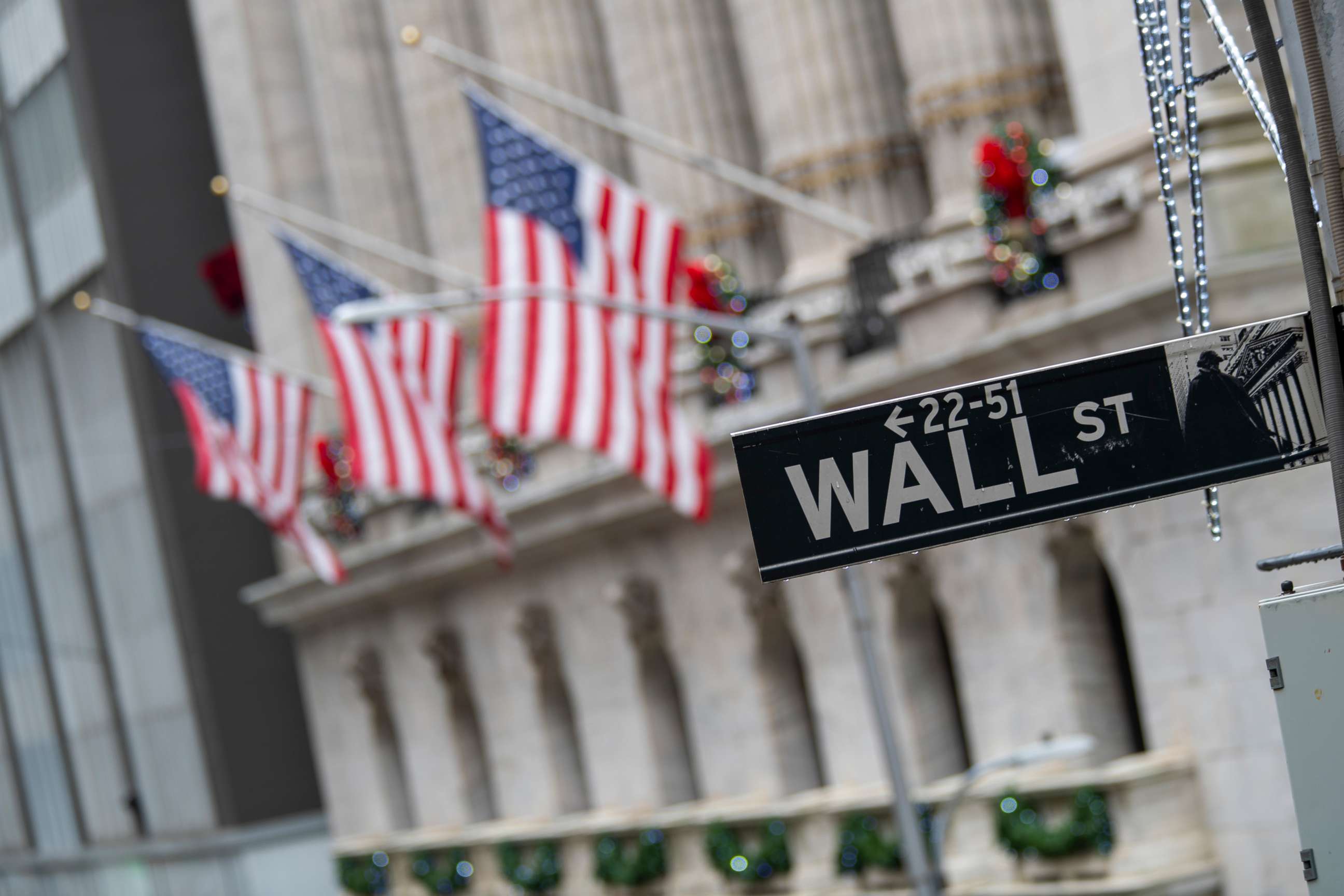 PHOTO: A Wall St. street sign is framed by U.S. flags flying outside the New York Stock Exchange in New York, Jan. 3, 2020.