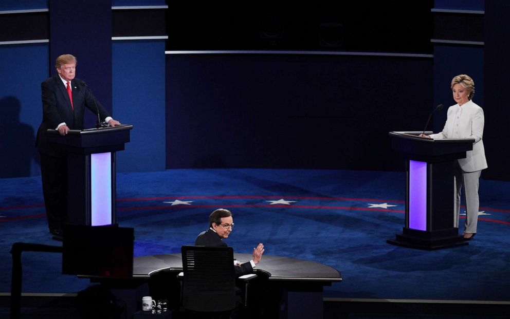 PHOTO: Moderator Chris Wallace speaks to the audience as Republican presidential nominee Donald Trump and Democratic presidential nominee Hillary Clinton listen during the third and final presidential debate, Oct. 19, 2016 in Las Vegas.