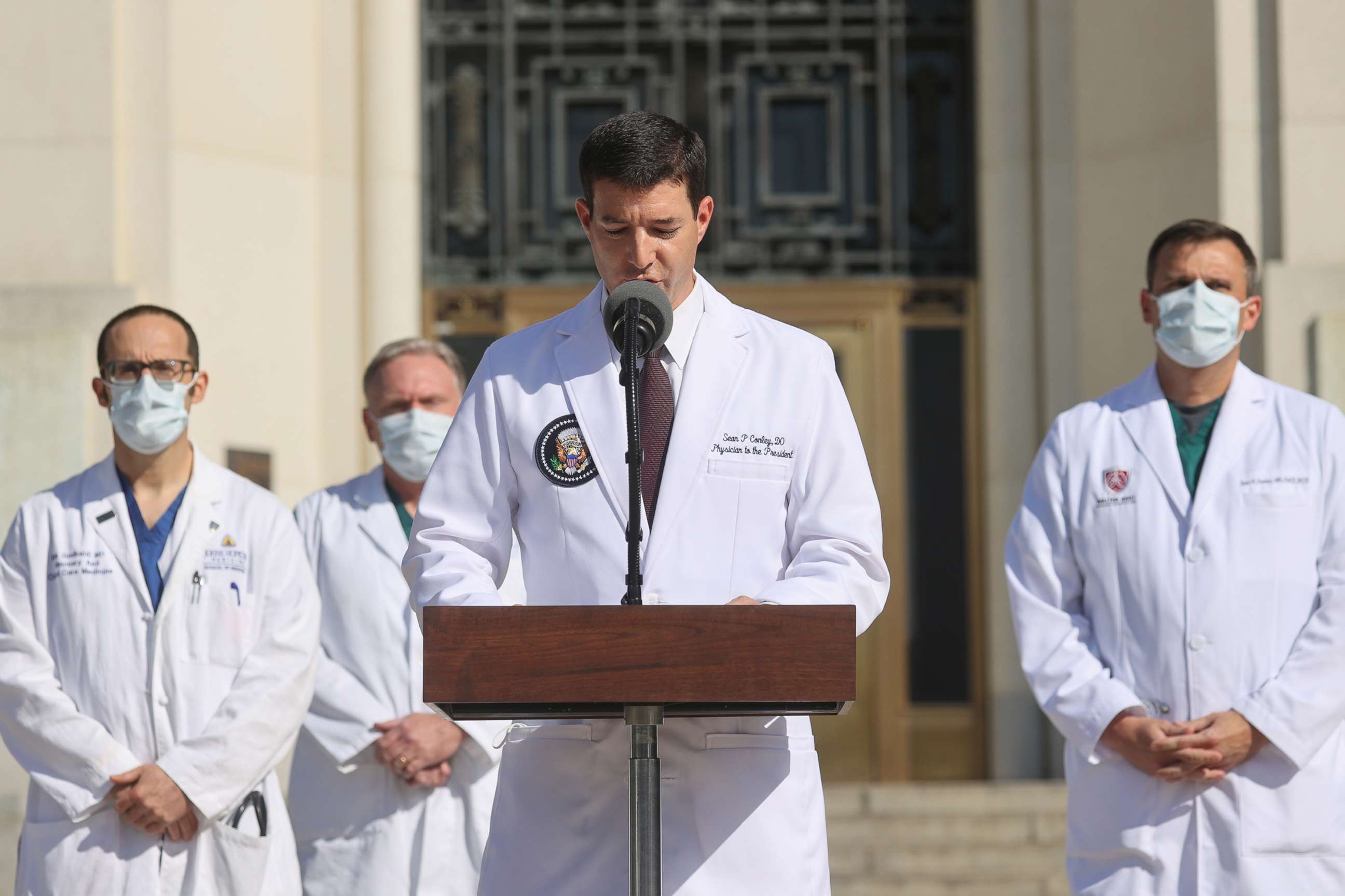 PHOTO: White House physician Dr. Sean Conley speaks to the media about President Donald Trump's health after the president underwent a fourth day of treatment for the coronavirus disease in Bethesda, Md., October 5, 2020. 