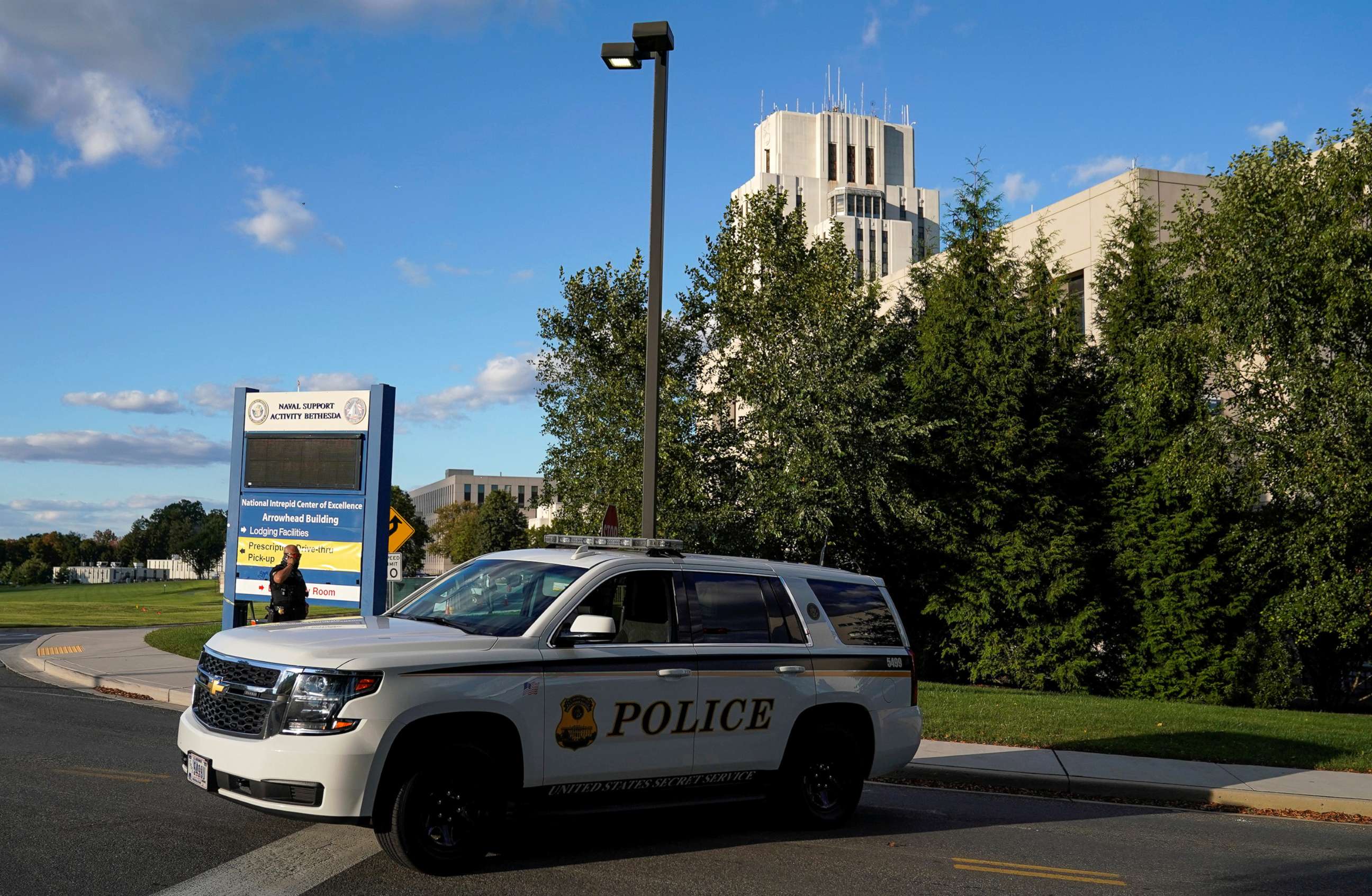 PHOTO: Walter Reed National Military Medical Center is seen shortly after the White House announced that President Donald Trump will be travelling to the hospital after testing positive for COVID-19, in Bethesda, Md., Oct. 2, 2020.