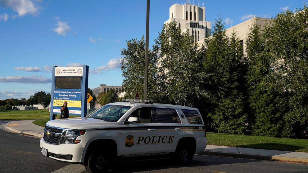 PHOTO: Walter Reed National Military Medical Center is seen shortly after the White House announced that President Donald Trump will be travelling to the hospital after testing positive for COVID-19, in Bethesda, Md., Oct. 2, 2020.
