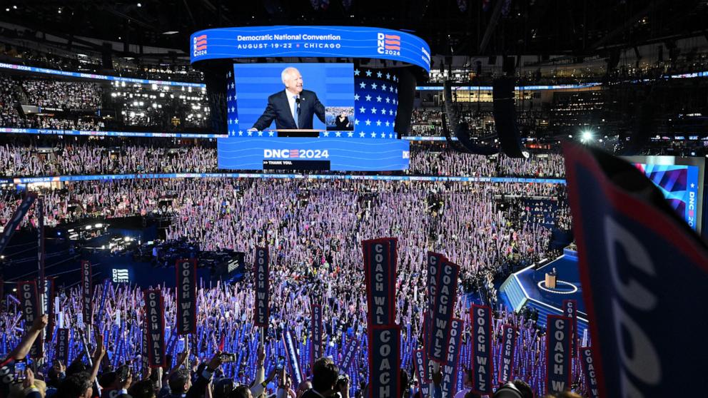 PHOTO: Minnesota Governor and Democratic vice presidential candidate Tim Walz speaks on Day 3 of the Democratic National Convention in Chicago, on Aug. 21, 2024. 