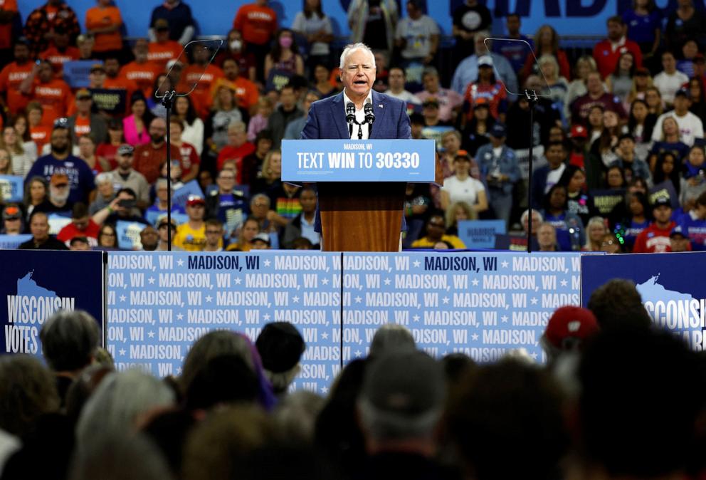 PHOTO: Minnesota Governor and Democratic vice presidential candidate Tim Walz speaks at a campaign rally in Madison, Wisconsin, on Oct. 22, 2024. 