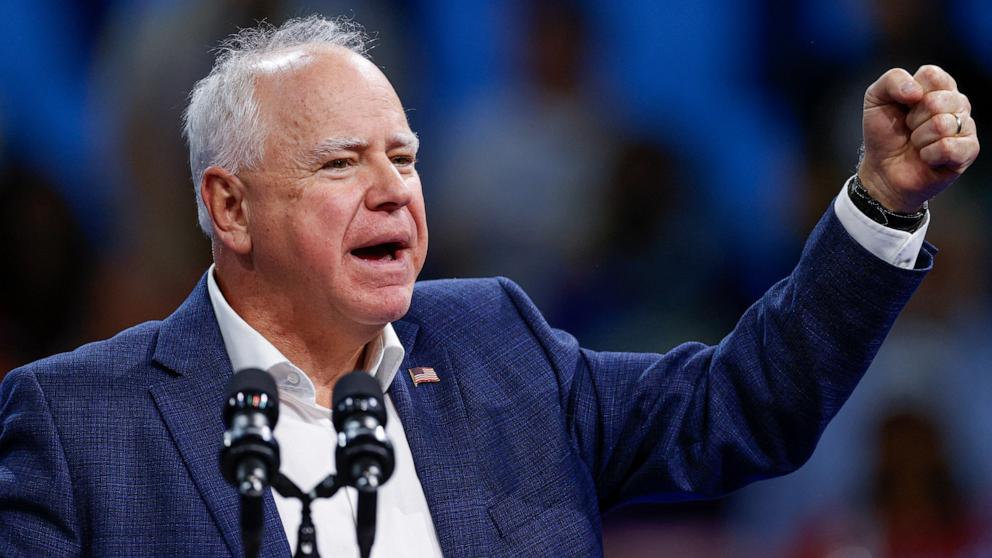 PHOTO: Minnesota Governor and Democratic vice presidential candidate Tim Walz speaks at a campaign rally in support of Vice President and Democratic presidential candidate Kamala Harris at Alliant Center in Madison, Wis., on Oct. 22, 2024.