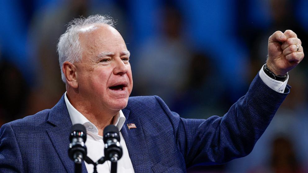 PHOTO: Minnesota Governor and Democratic vice presidential candidate Tim Walz speaks at a campaign rally in support of Vice President and Democratic presidential candidate Kamala Harris at Alliant Center in Madison, Wis., on Oct. 22, 2024.