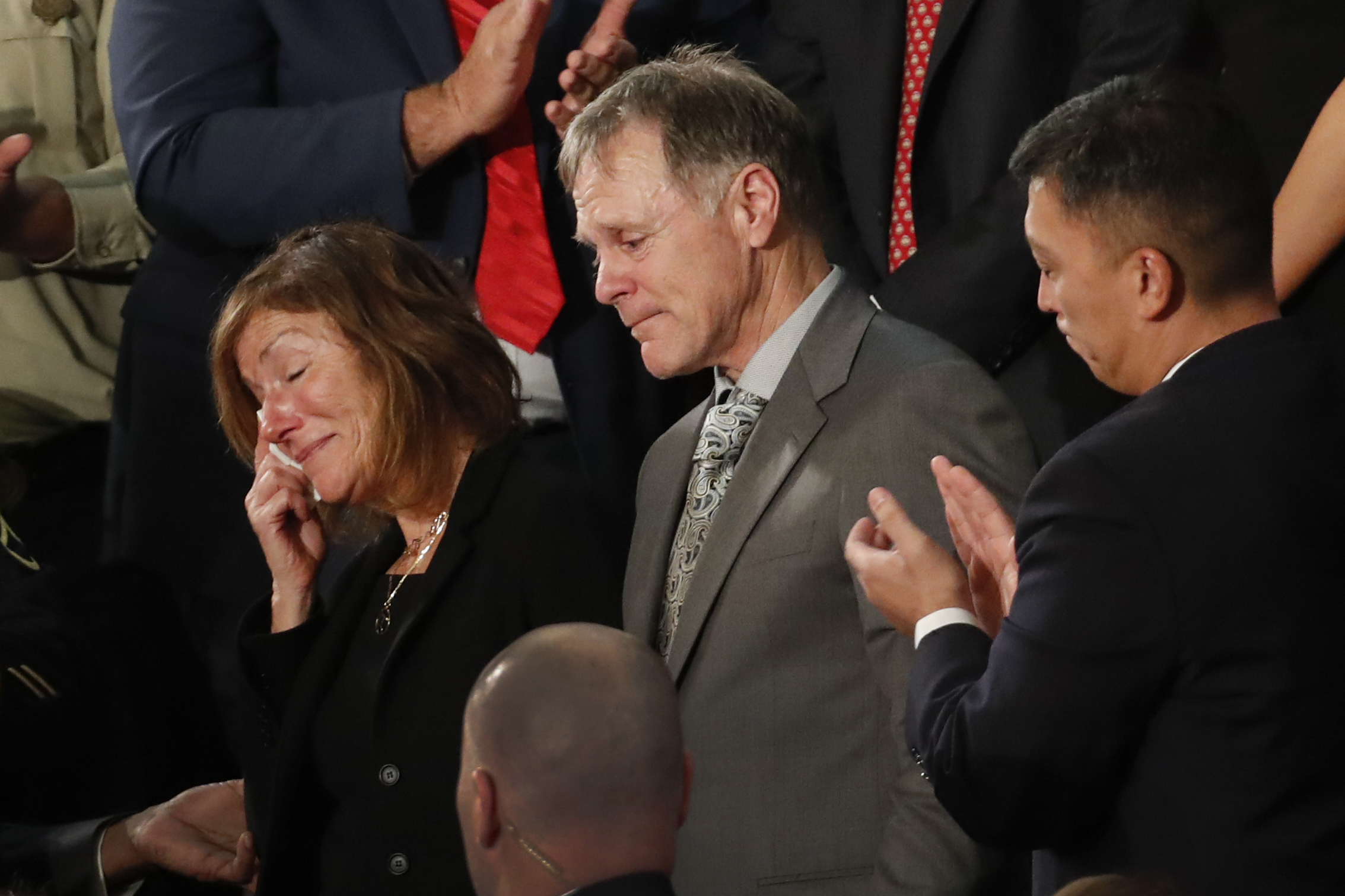 PHOTO: The parents of Otto Warmbier react to a standing ovation during State of the Union address to a joint session of Congress on Capitol Hill in Washington, D.C., Jan. 30, 2018.