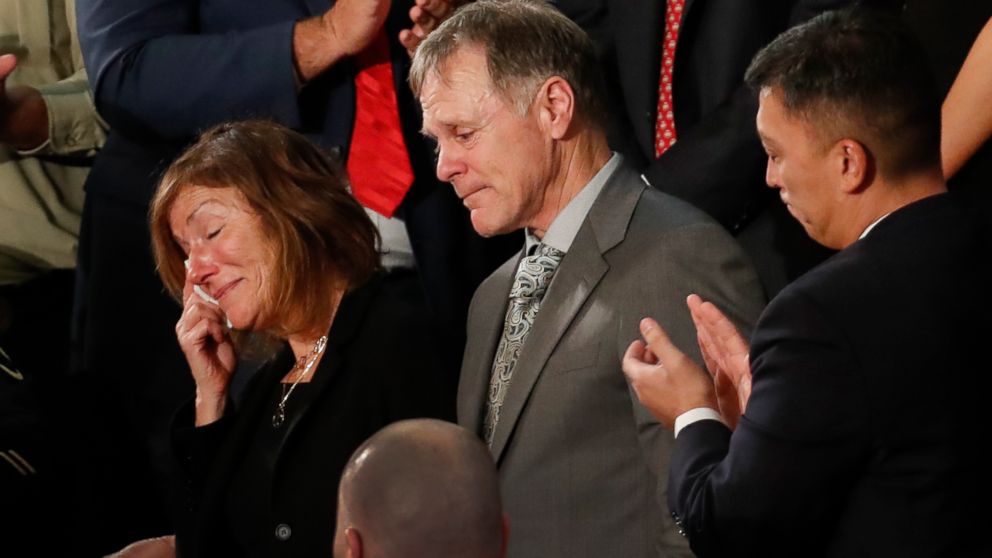PHOTO: The parents of Otto Warmbier react to a standing ovation during State of the Union address to a joint session of Congress on Capitol Hill in Washington, D.C., Jan. 30, 2018.