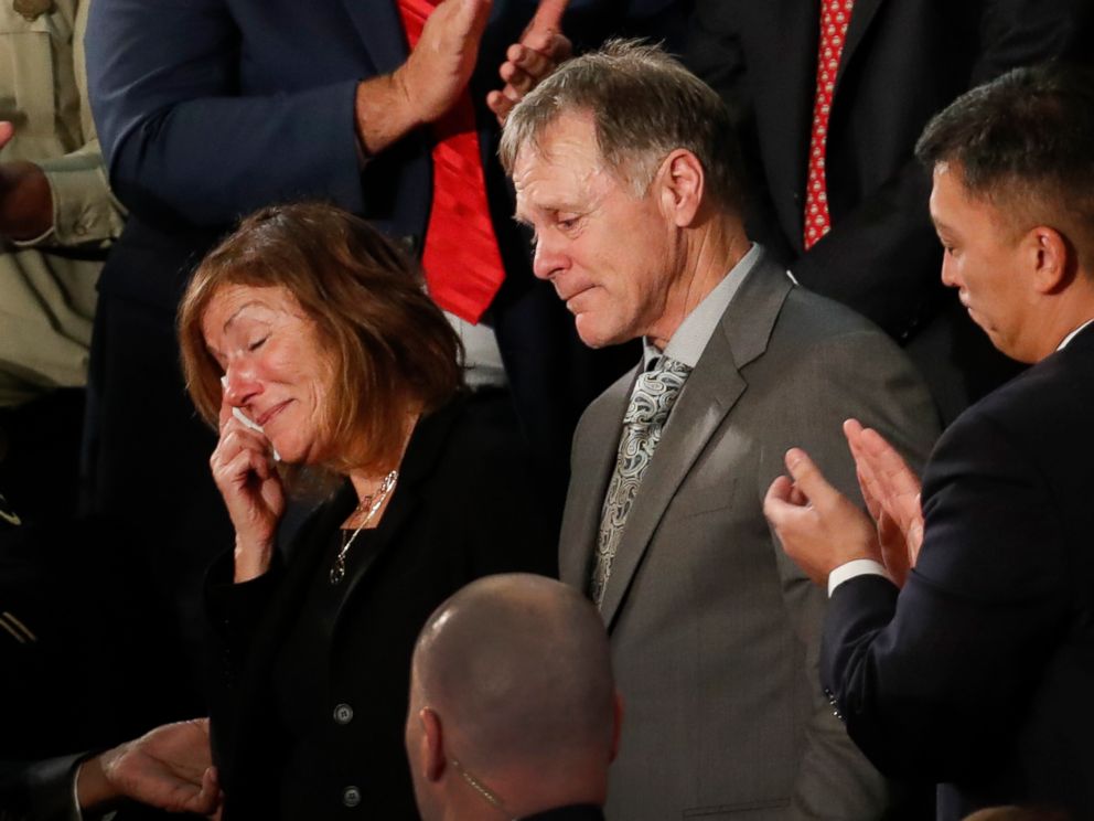 PHOTO: The parents of Otto Warmbier react to a standing ovation during State of the Union address to a joint session of Congress on Capitol Hill in Washington, D.C., Jan. 30, 2018.