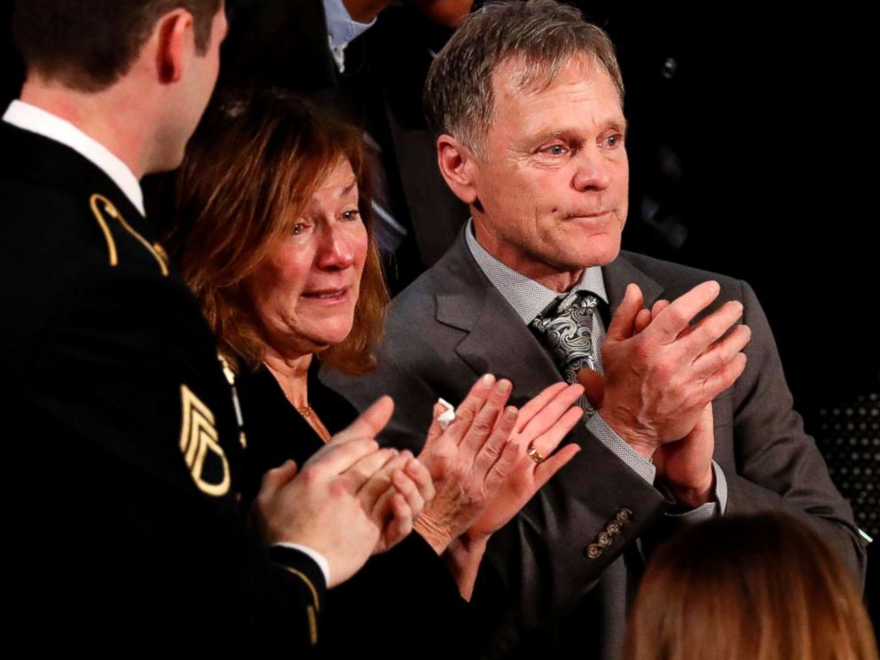 PHOTO: Otto Warmbiers parents Fred and Cindy Warmbier applaud as President Donald Trump talks about the death of their son Otto after his arrest in North Korea during the State of the Union address in Washington, D.C., Jan. 30, 2018.