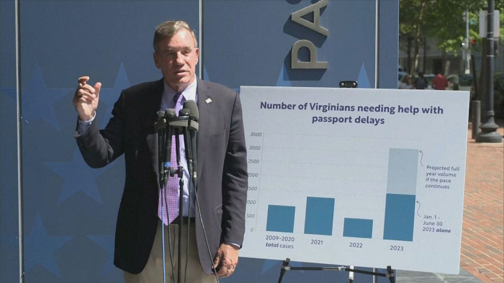 PHOTO: Sen. Mark Warner speaks during a presser on passport delays, July 14, 2023.