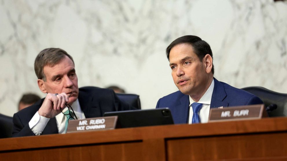 PHOTO: Sen. Mark Warner and Vice Chairman Sen. Marco Rubio listen to testimony from Director of National Intelligence (DNI) Avril Haines during a Senate Intelligence Committee hearing, March 10, 2022, in Washington, DC.