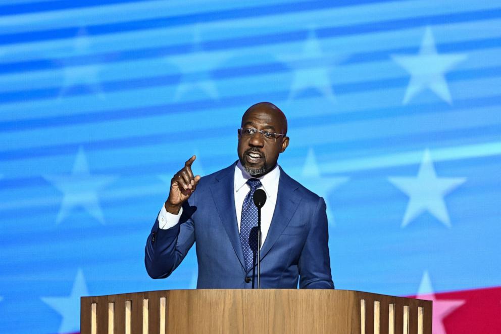 PHOTO: Senator Raphael Warnock, Democrat from Georgia, speaks on the first day of the Democratic National Convention at the United Center in Chicago, Aug. 19, 2024.