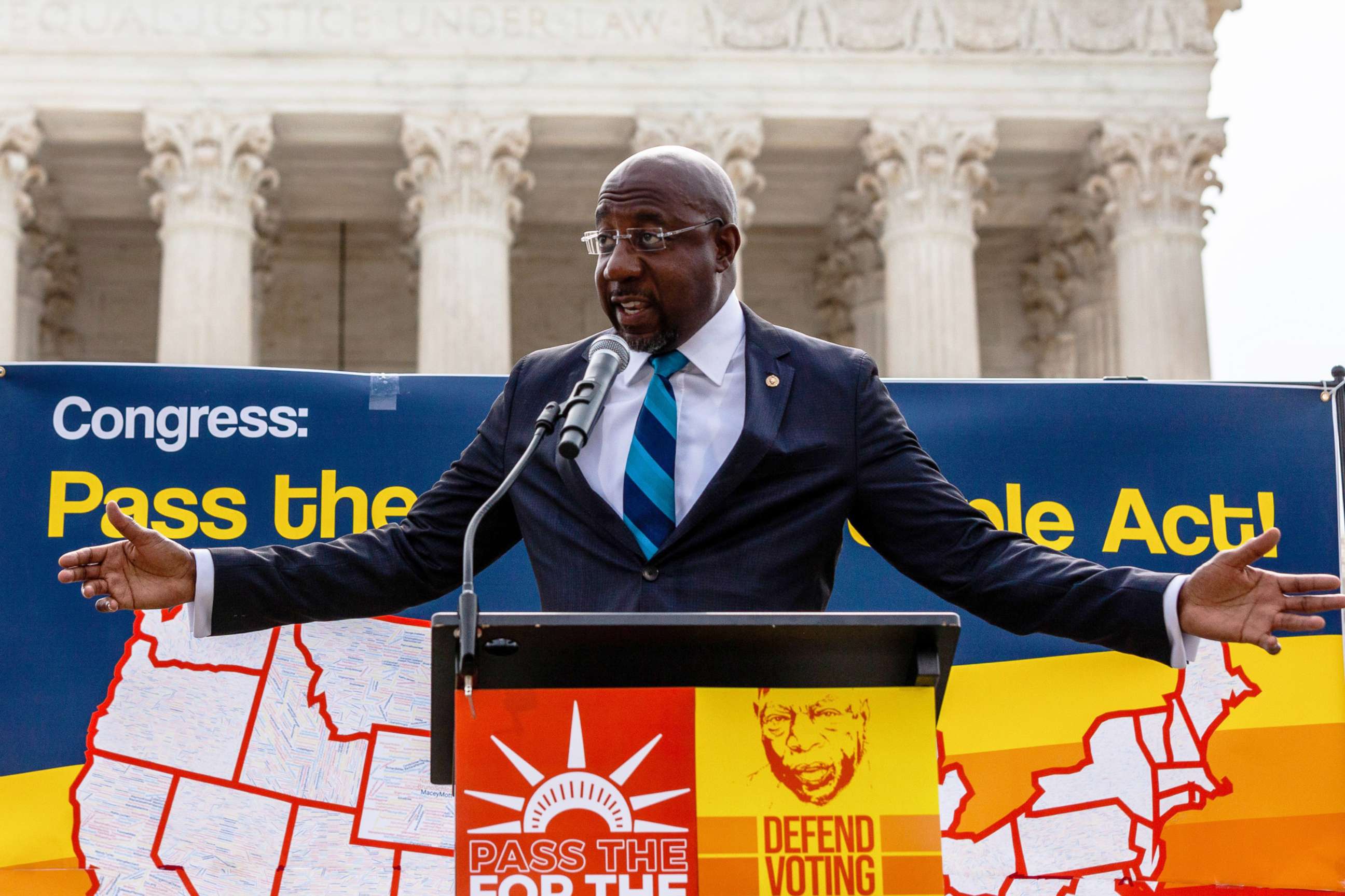 PHOTO: Senator Raphael Warnock of Georgia speaks at a rally to pass the For the People Act at the Supreme Court, June 9, 2021, in Washington, D.C.