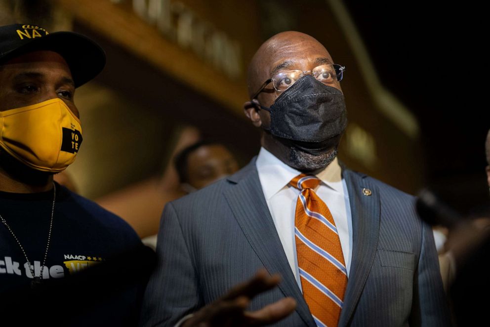 PHOTO: Sen. Raphael Warnock holds a press conference after the release of State Rep. Park Cannon at the Fulton County Jail in Atlanta, March 25, 2021.