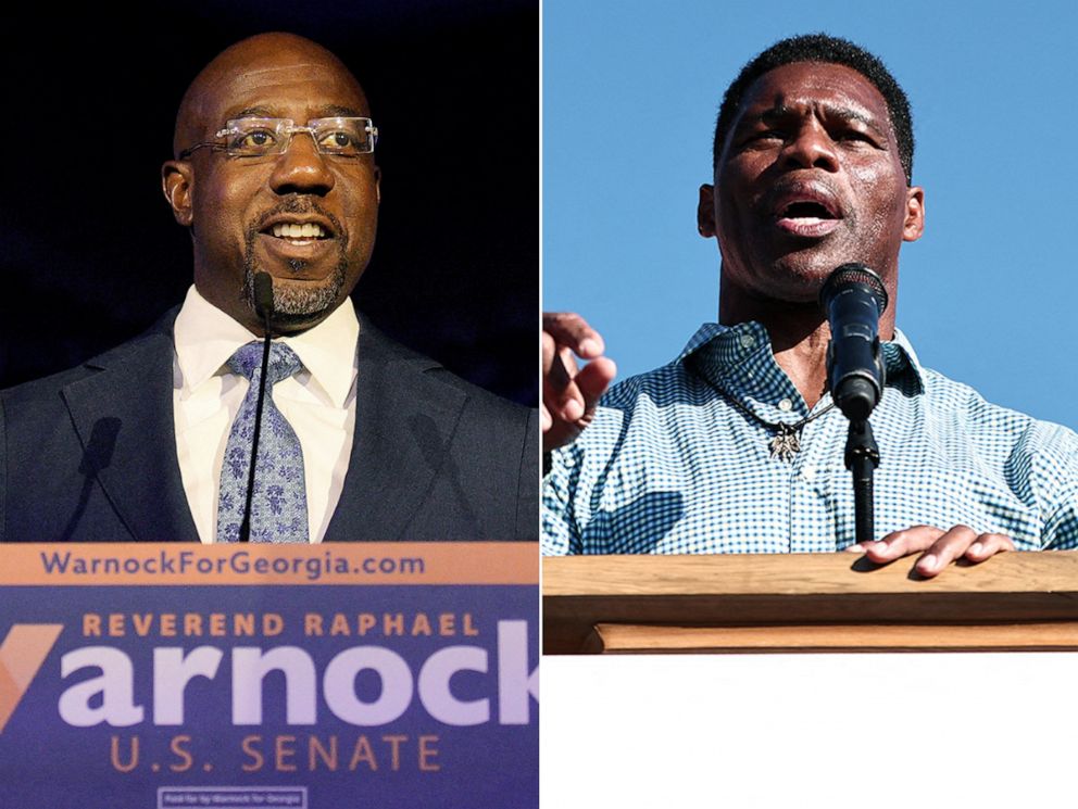 PHOTO: Raphael Warnock, Democratic Senator from Georgia, speaks to supporters at a U.S. midterm election night party in Atlanta, Nov. 9, 2022. Republican candidate for U.S. Senate Herschel Walker is shown at a campaign stop in Newnan, Ga., Nov. 4, 2022. 