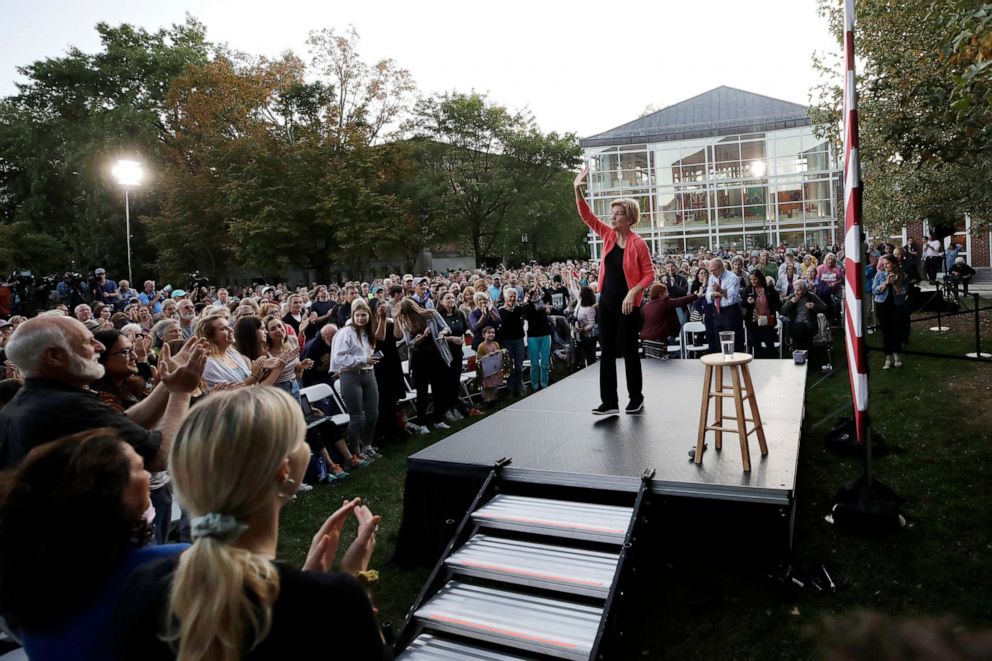 PHOTO: Democratic presidential candidate Sen. Elizabeth Warren, waves as she is applauded at a campaign event, Sept. 25, 2019, in Keene, N.H.