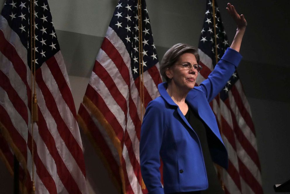 PHOTO: Democratic presidential candidate Sen. Elizabeth Warren waves after her address at the New Hampshire Institute of Politics in Manchester, N.H., Thursday, Dec. 12, 2019.