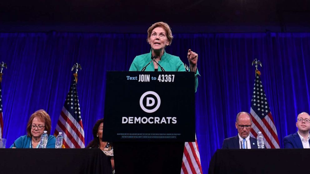 PHOTO: Democratic Presidential hopeful Elizabeth Warren speaks on-stage during the Democratic National Committee's summer meeting in San Francisco, California on August 23, 2019.