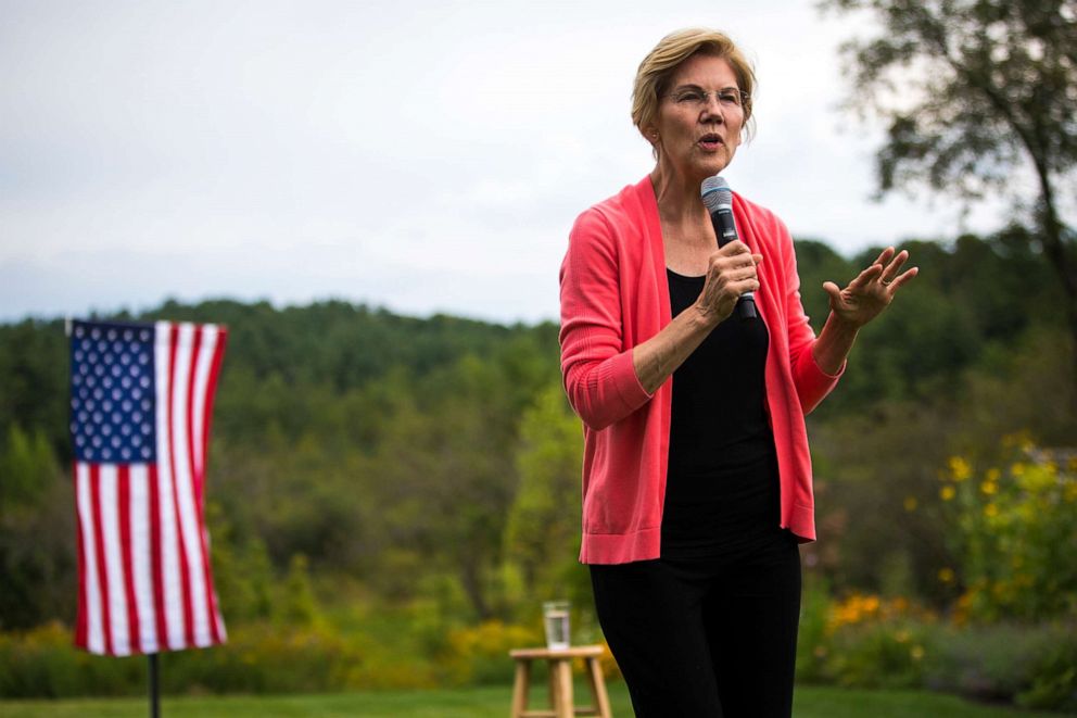 PHOTO: U.S. Senator and presidential candidate Elizabeth Warren speaks at a house party in Hampton Falls, NH on Sep. 2, 2019.