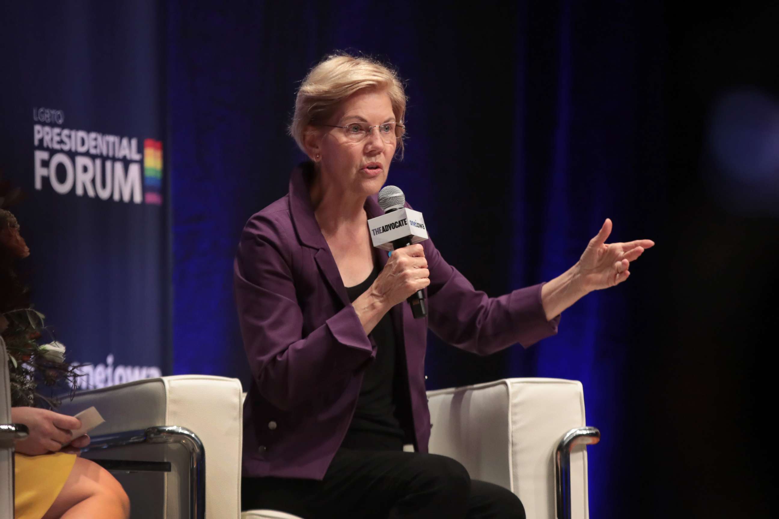 PHOTO: Democratic presidential candidate Massachusetts Senator Elizabeth Warren speaks at an LGBTQ presidential forum on September 20, 2019 in Cedar Rapids, Iowa.
