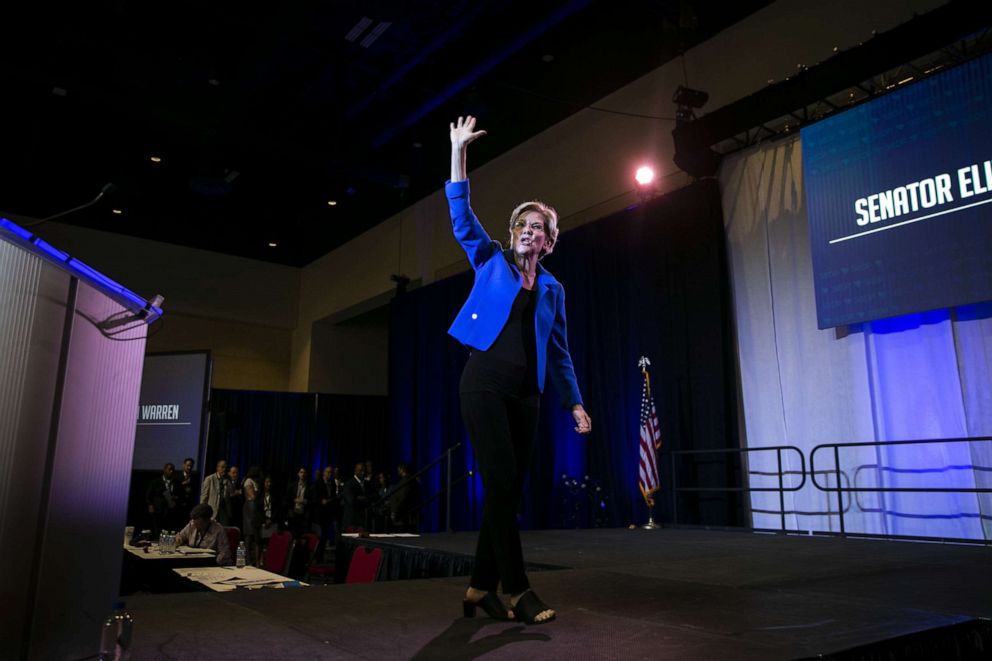 PHOTO: Senator Elizabeth Warren, a Democrat from Massachusetts and 2020 presidential candidate, waves after speaking South Carolina Democratic Party convention in Columbia, South Carolina, U.S., on Saturday, June 22, 2019.