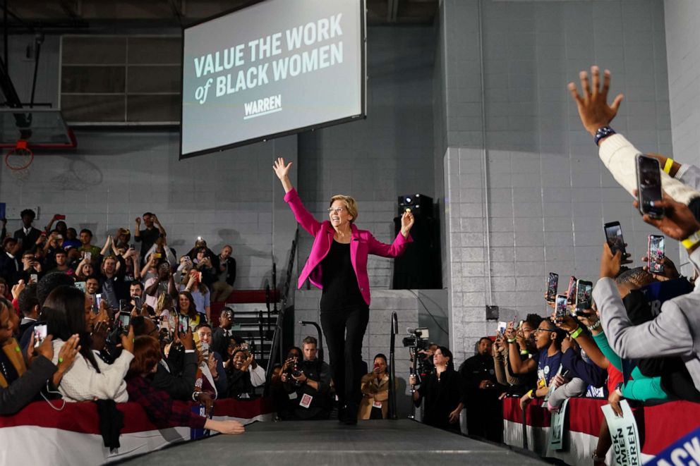 PHOTO: Sen. Elizabeth Warren (D-MA), arrives on stage at a campaign event at Clark Atlanta University on November 21, 2019 in Atlanta, Georgia.