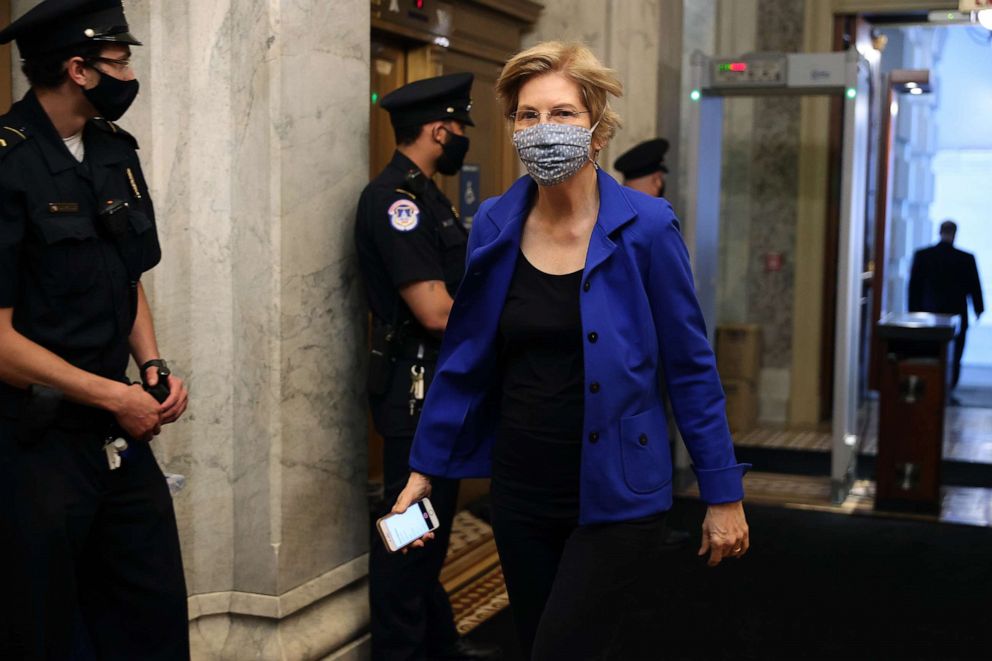 PHOTO: Sen. Elizabeth Warren (D-MA) arrives at the U.S. Capitol for a vote May 18, 2020 in Washington, DC.