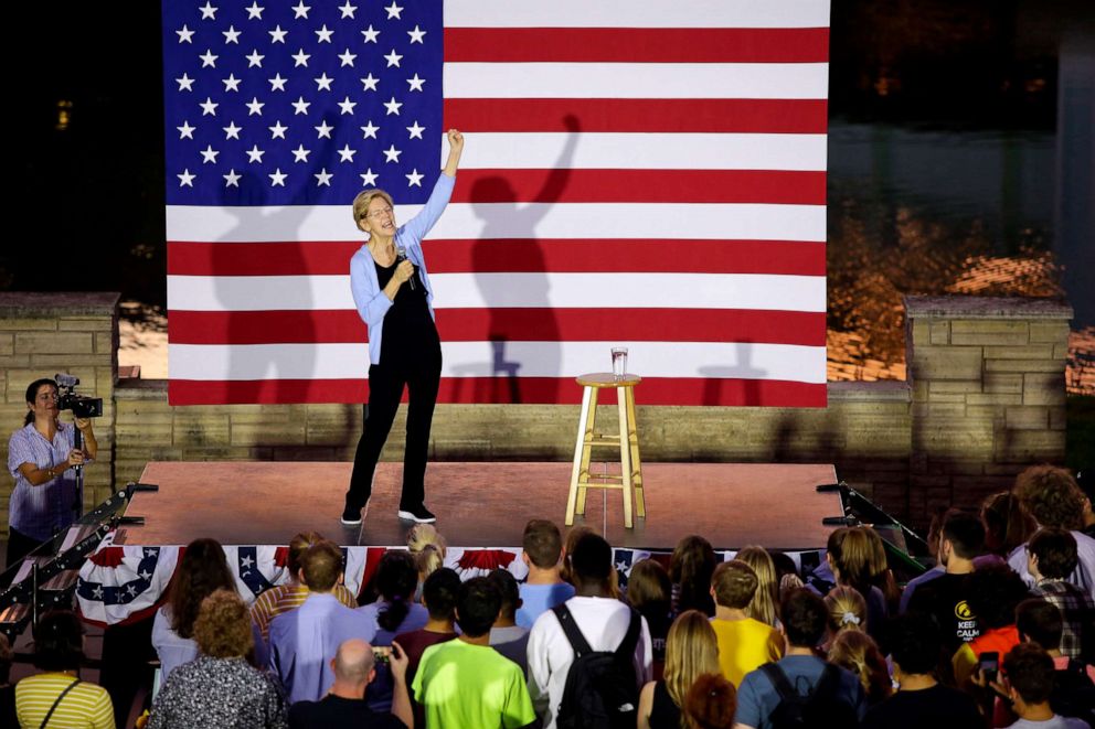 PHOTO: Democratic presidential candidate Sen. Elizabeth Warren (D-MA) clinches her fist as she speaks during a town hall event September 19, 2019 in Iowa City, Iowa.