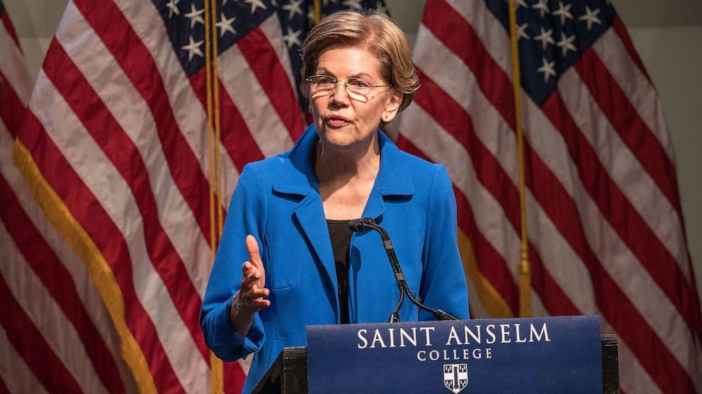 PHOTO: Democratic presidential candidate Sen. Elizabeth Warren (D-MA) gestures as she delivers an economic policy speech  on December 12, 2019 in Manchester, New Hampshire.